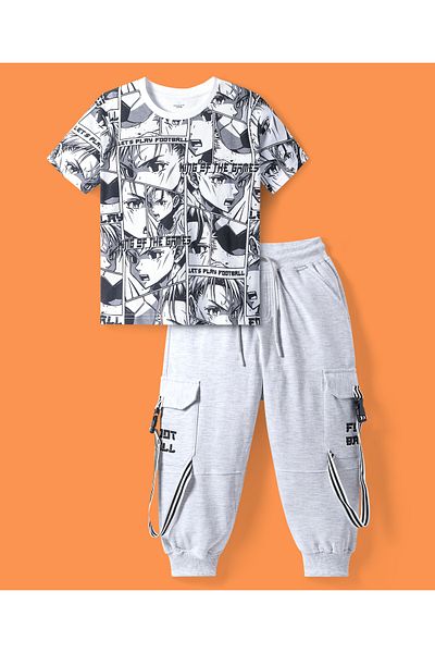 Ollington St. Ollington St. Cotton Knit Half Sleeves T-Shirt with Joggers Set All Over Printed - Off White