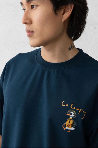 Valiberta Pocket Printed Two Thread Fabric Cotton Oversize Men's T-Shirt - Prussian Blue