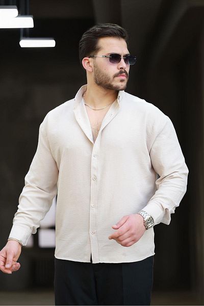 Valiberta Soft Textured Half Oversize Men's Shirt - Beige