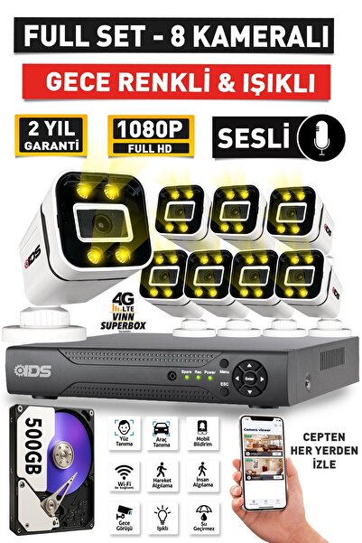 IDS SESLİ - 8 KAMERALI FULLHD GECE RENKLİ VE IŞIKLI GÜVENLİK KAMERASI - KAMERA SETİ 500GB DİSK