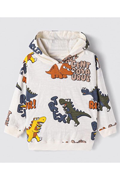 Bonfino Bonfino 100% Cotton Knit Full Sleeves Dino All Over Printed Hoodie & Lounge Pant/Co-ord Set - White
