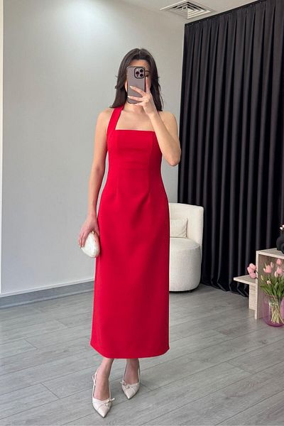 ECEMİ Cindy Halter Neck Red Midi Dress