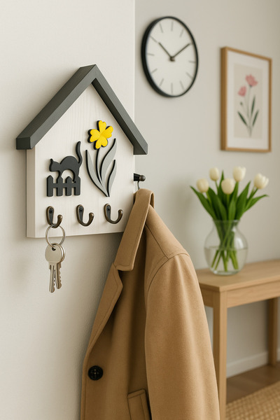 Efem Dekor 2 Minimal Tasarım Anahtarlık Askılığı Ahşap Ev Formunda, Kedi ve Ç...