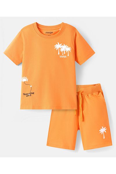 Primo Gino Primo Gino 100% Cotton Half Sleeves T-Shirt & Shorts Set With Placement Print - Yellow