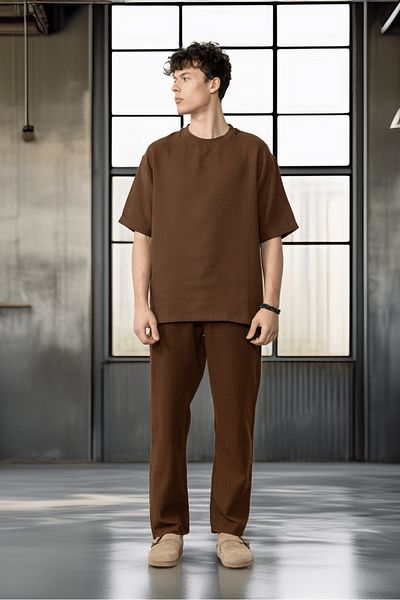 Valiberta Comfortable Fit Muslin Fabric Men's T-Shirt - Brown