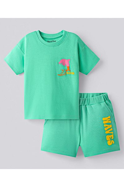 Bonfino Bonfino Cotton Knit Half Sleeves T-Shirt & Shorts Set With Sea Life Text Print - Light Green