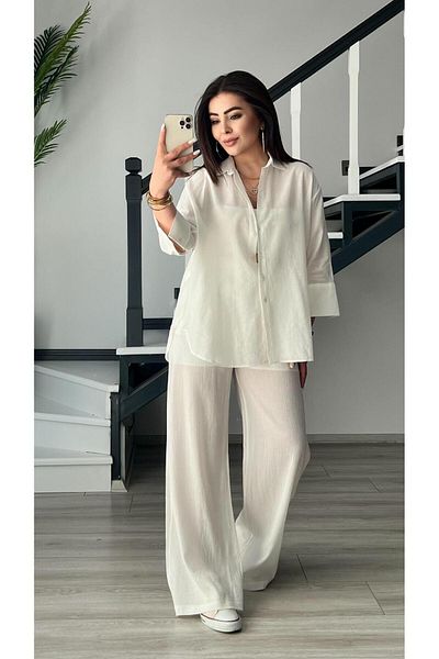 Oslove White Self Textured Shirt - Pants Set