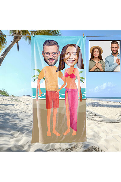 EJOYA Kişiye Özel Karikatür Fotoğraflı Sevgili Çift Tatilde Plaj Ve Spor Havl...