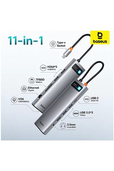 Baseus موزع صوت USB C 11 في 1 بمنفذي HDMI إلى محول VGA USB 3.0 متوافق مع HDMI