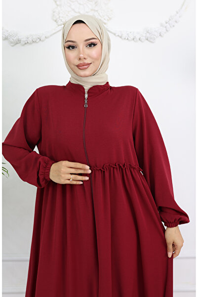 sefamerve Fırfır Detaylı Boydan Fermuarlı Ferace 0024-01 Bordo
