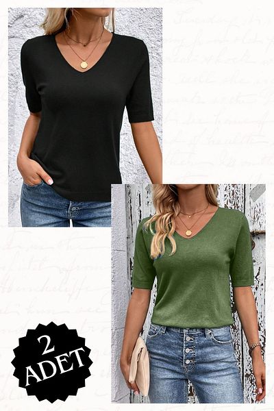 AQE FASHION Lycra V-Neck Stretchy Short Sleeve Knitwear Blouse (Schwarz-Tou Equivalents)