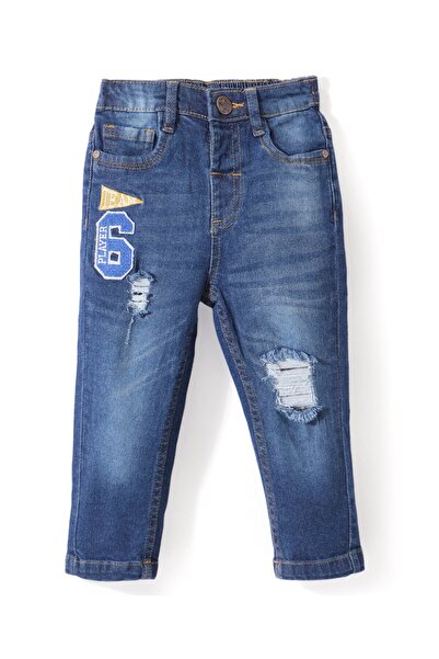 Babyhug Babyhug Denim Full Length with Stretch Washed Distressed Jeans Number Embroidered - Blue