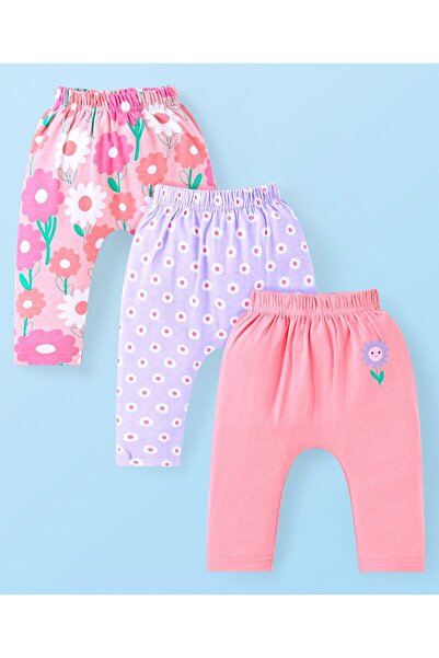 Babyhug Interlock Full Length Diaper Leggings With Floral Print Pack Of 3 - Pink & Lavender