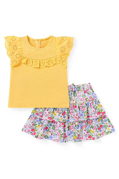 Babyhug Babyhug Frill Detailed Top & Floral Printed Layered Skirt - Yellow