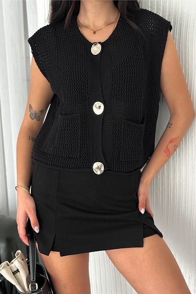FEMELLE Cardigan de tricotaj tricotat cu buzunare, negru, mărime standard, pentru femei