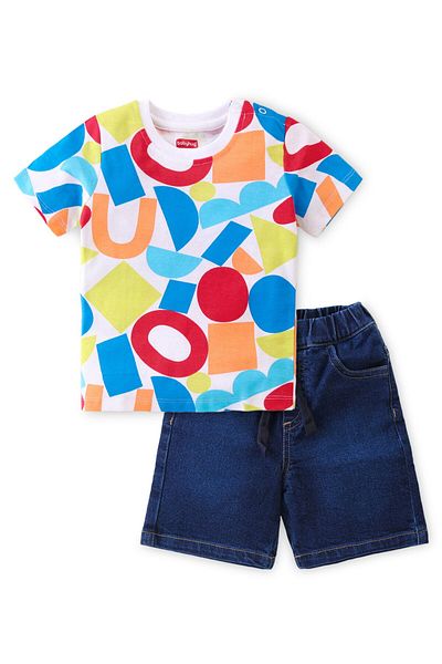 Babyhug Babyhug Single Jersey Knit Half Sleeves T-Shirt &Denim Shorts Set Abstract Print ?Multicolor &Blue