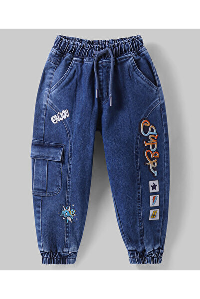 Ollington St. Ollington St. Cotton Knit Half Sleeves T-Shirt & Denim Joggers Set With Superstar Print-White & Blue