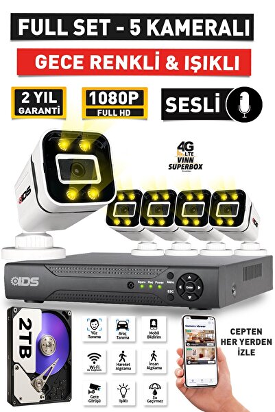 IDS SESLİ - 5 KAMERALI FULLHD GECE RENKLİ VE IŞIKLI GÜVENLİK KAMERASI - KAMERA SETİ 2TB DİSK
