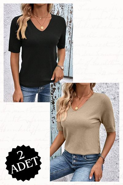 AQE FASHION Pair of 2 Lycra Knitwear Blouses, V-Neck and Sleeves Design