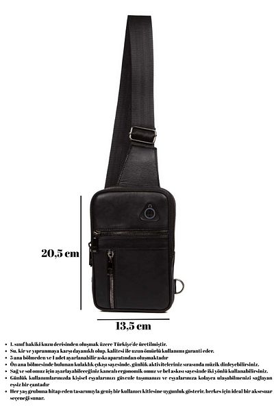 CERFF LEATHER CLUP Μαύρη τσάντα ώμου από γνήσιο δέρμα πέντε θέσεων με θήκη τηλεφώνου και έξοδο ακουστικών