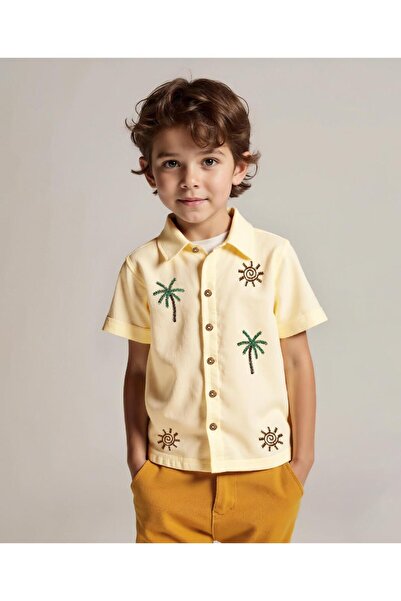 Bonfino Bonfino Oversized Palm Tree Embroidered Shirt - Light Yellow