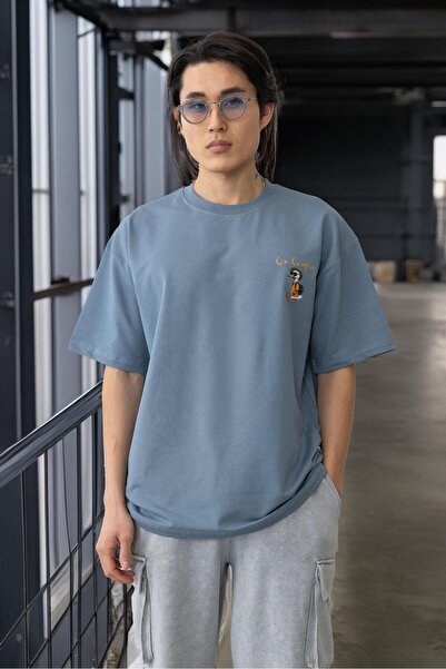 Valiberta Ανδρικό μπλουζάκι με στάμπα τσέπης με δύο κλωστές, βαμβακερό υπερμεγέθη - μπλε