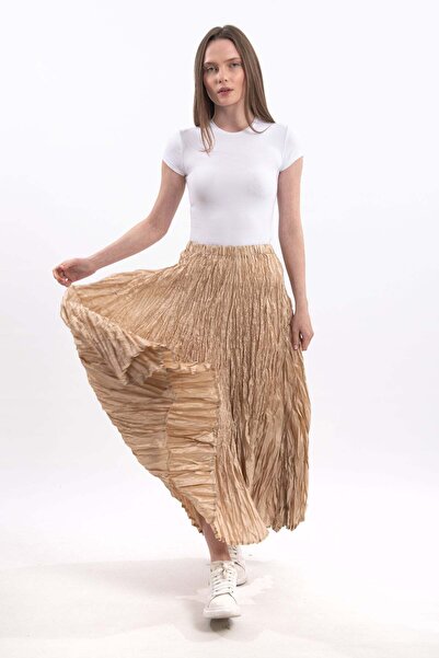 Hatun Atila Fusta maxi boemă pliată din satin lucios, importată, bej, pentru femei, cu talie înaltă, design elegant și confortabil