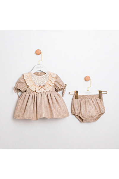 Cumino Bej Rengi Sim Cizgili Fistolu Kız Çocuk Elbisesi