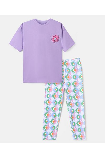 Primo Gino Primo Gino Cotton Knit Half Sleeves Floral Printed T-Shirt & Leggings Set - Purple Rose