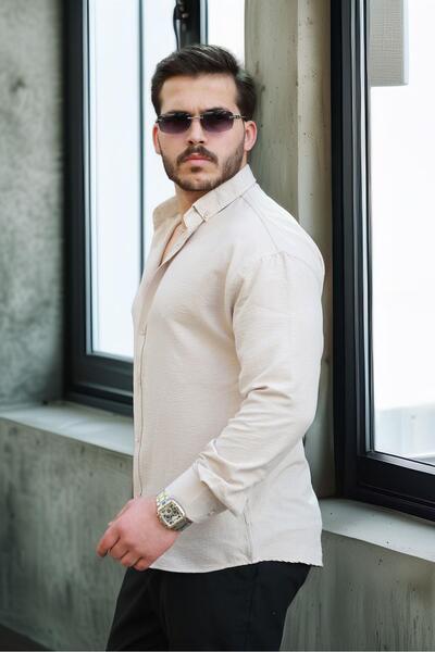 Valiberta Ανδρικό πουκάμισο με απαλή υφή Half Oversize - Μπεζ