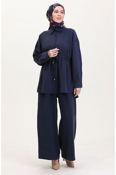 sefamerve Navy Blue Modal Fabric Tunic and Pantalon Set 4064-04