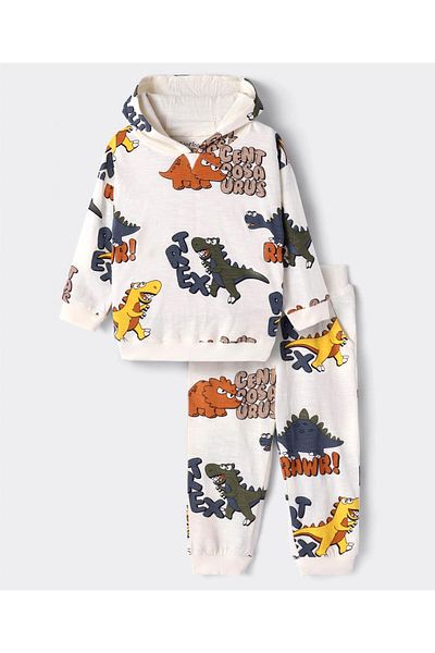 Bonfino Bonfino 100% Cotton Knit Full Sleeves Dino All Over Printed Hoodie & Lounge Pant/Co-ord Set - White