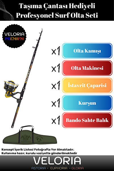 Veloria Premium Seri Taşıma Çantalı Hazır Kurulu 3 m Kamış Hediyeli Tam Takım Profesyonel Surf Olta Seti