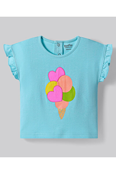 Bonfino Bonfino 100% Cotton Knit Frill Sleeves Top & Shorts Set Ice Cream & Hearts 3D Embroidery-Light Blue