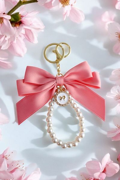 BeyzHal Pink Ribbon Pearl Detailed Charm Keychain |   Bag Ornament, Accessory