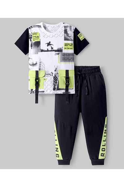 Ollington St. Ollington St. Cotton Knit Half Sleeves Printed T-Shirt & Joggers - White & Black