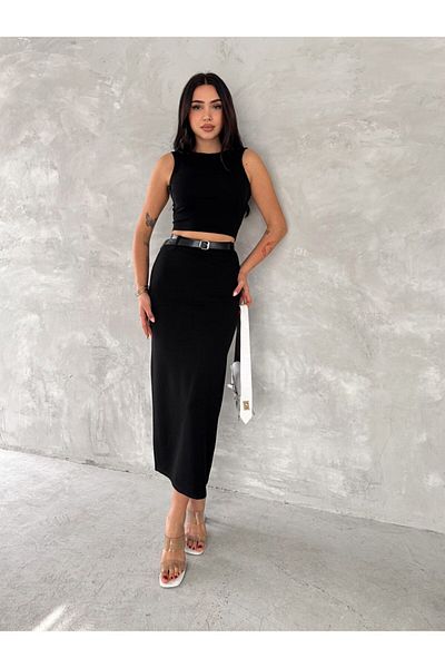 Gugus Women's Back Slit Maxi Length Skirt with Belt Detail