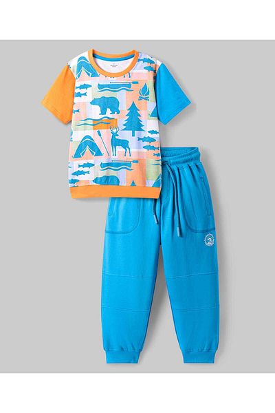 Ollington St. Ollington St. Cotton Knit Half Sleeves T-Shirt Abstrack Print&Solid Color Joggers Set-Blue&Mustard