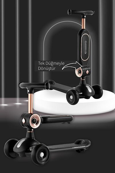 CAN OYUNCAK Height Adjustable Led Light 3 Wheel Kids Scooter - Black
