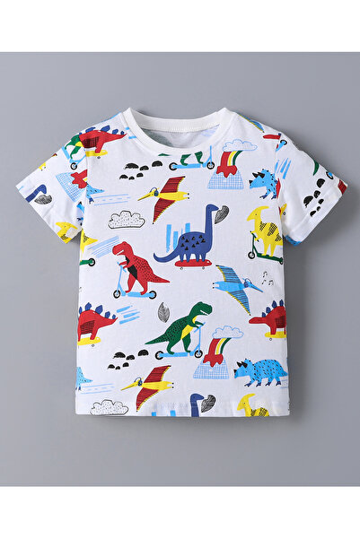 SAPS SAPS 100% Cotton All Over Dinosaur Printed Short Sleeves T-Shirt & Shorts Set - White & Grey
