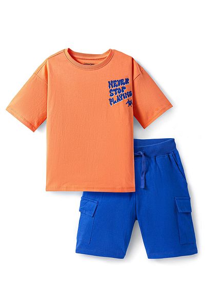 Primo Gino Primo Gino 100% Cotton Oversized T-Shirt & Cargo Shorts Set with Text Print - Orange & Blue