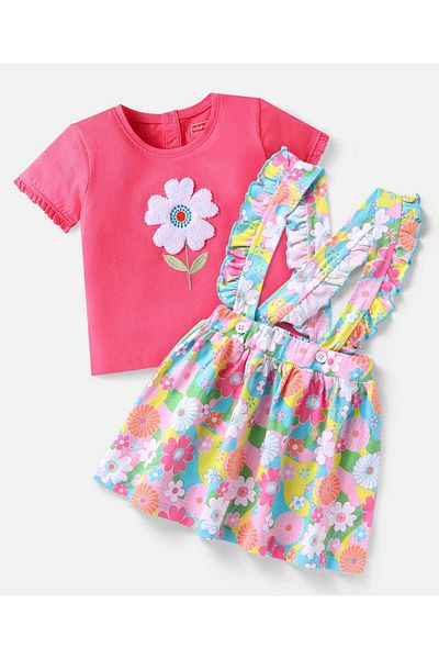 Babyhug Babyhug Single Jersey Knit Top & Skirt Set with Floral Embroidery & Frill Detailing - Pink