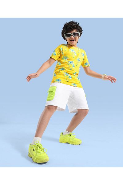 Ollington St. Ollington St. 100% Cotton Knit Half Sleeves T-Shirt & Shorts Set Tropical Trees Print-Yellow & White