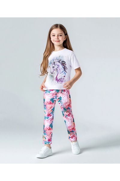Primo Gino Primo Gino Cotton Knit Half Sleeves Unicorn Printed T-Shirt &Leggings Set Sequin Detailing-Off White