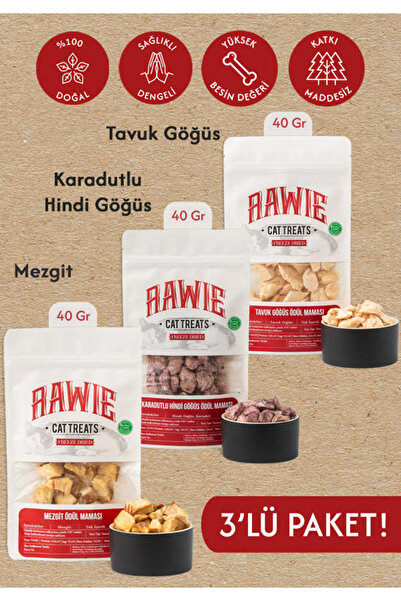 3'lü Paket Mezgit, Tavuk Göğüs & K.Hindi Göğüs Kedi Ödül Maması, Freeze Dry, %100 Doğal, Katkısız