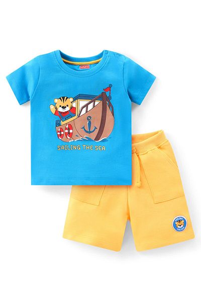 Babyhug Babyhug Cotton Knit Half Sleeves Bear Printed T-Shirt & Shorts Set - Blue & Yellow