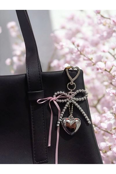 BeyzHal Silver Color Bow and Heart Detailed Charm, Keychain, Bag Ornament Cute and Stylish Design