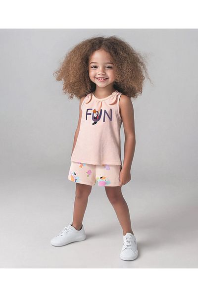 Bonfino Bonfino Cotton Knit Sleeveless Top & Shorts Set with Birds Print & Bow Applique - Light Pink