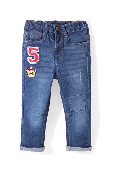 Babyhug Babyhug Denim Full Length With Stretch Washed Jeans Tiger Embroidered - Blue