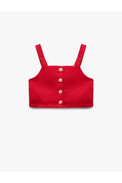 Koton Button Detailed Cotton Square Neck Strap Crop Blouse